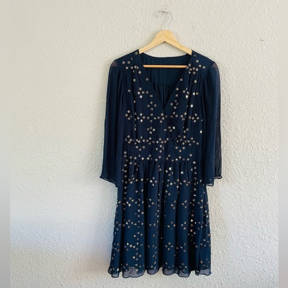 French Connection Navy Star Sequin Long Sleeve Sheer Dress - Picture 1 of 16
